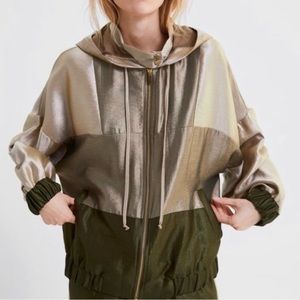 ZARA | Jewel Tone Color Block Satin Sheen Zip Up Hooded Coat Bomber Jacket